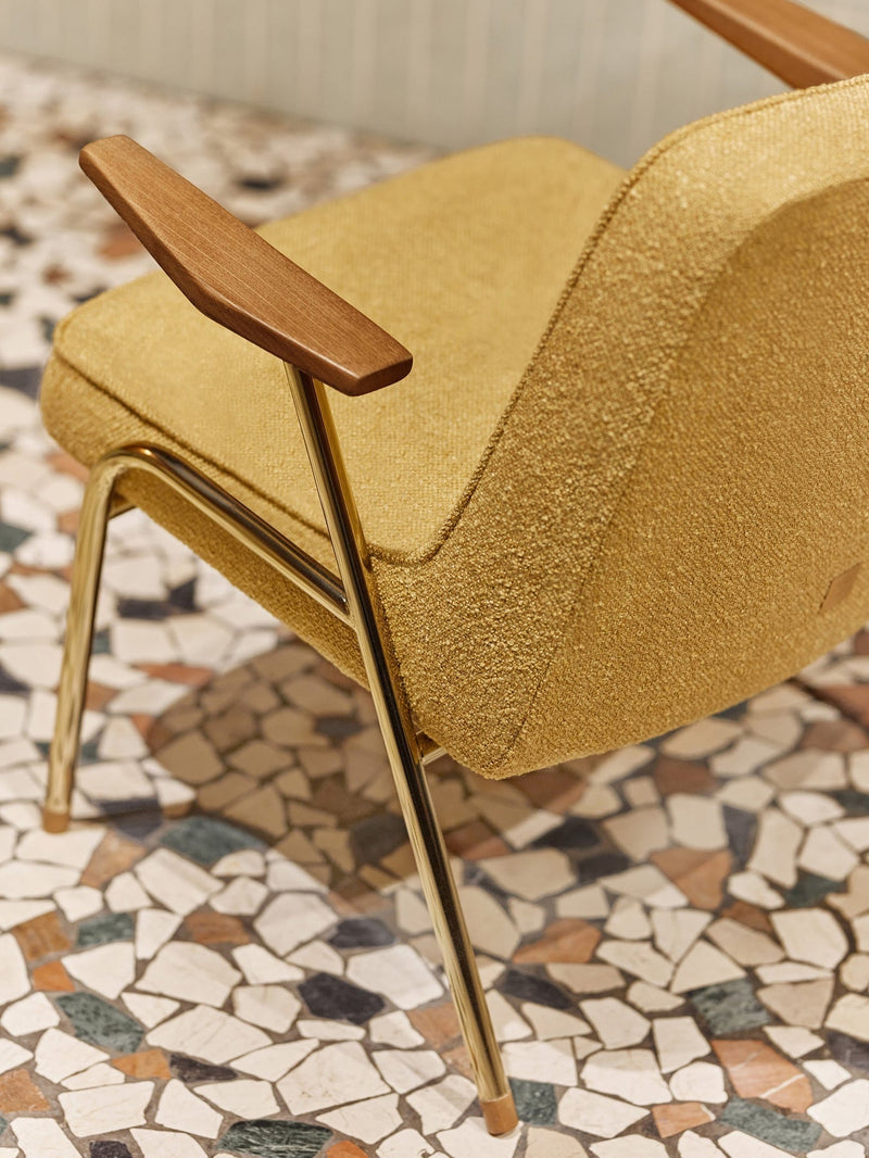 48H Shipping: 366 METAL BRASS ARMCHAIR – Yellow in Boucle Mustard Fabric