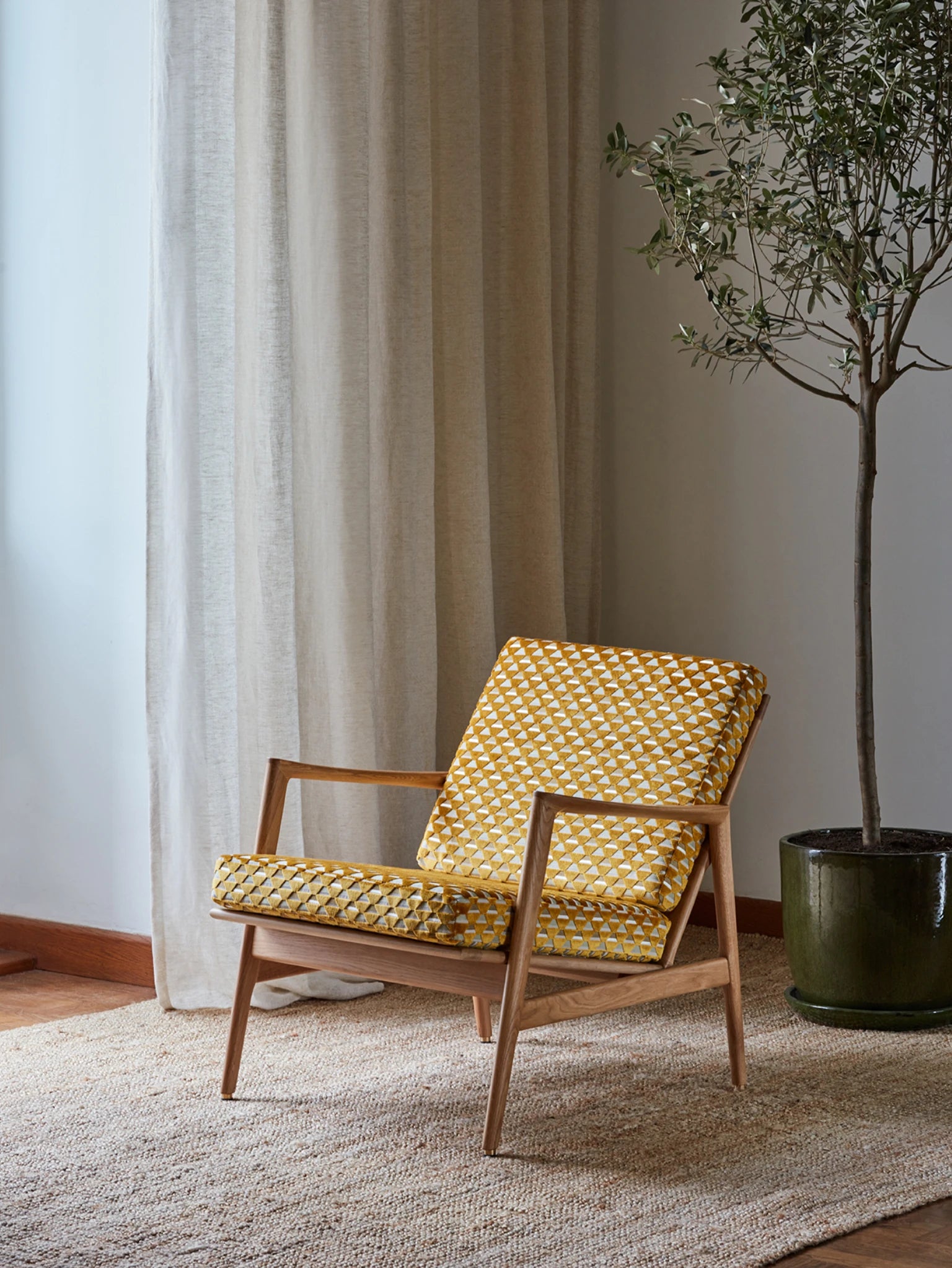 STEFAN LOUNGE CHAIR – Yellow in Uroko Moutarde Casamance Fabric